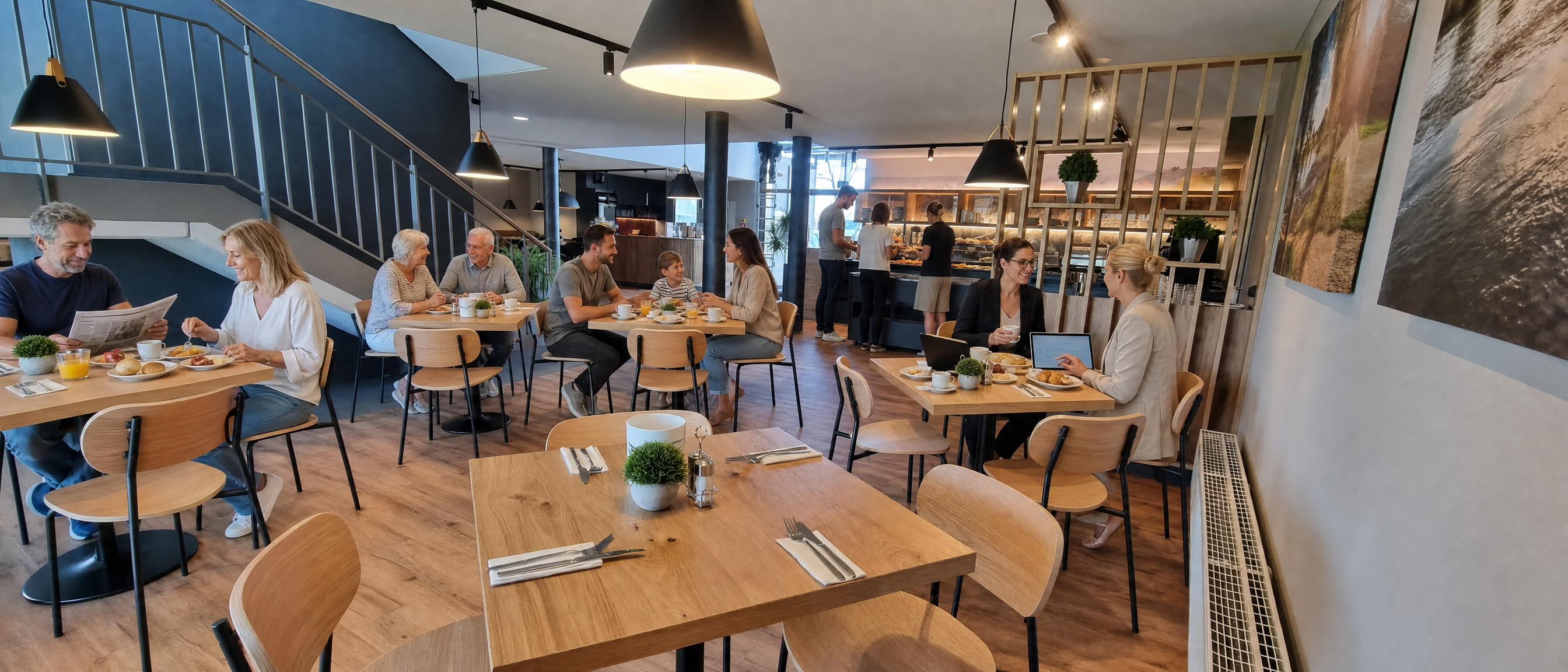 Frühstücksrestaurant mit Gästen beim Frühstück